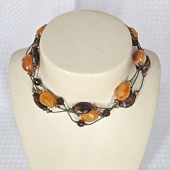 Faux Stone & Bead 3-Strand Layered Choker Necklace - Brown & Amber - Picture 1 of 9
